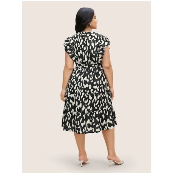 Bloom Chic NWT Notched Leopard Print Navy Cap Ruffle Sleeve Dress 14/16 - Picture 2 of 16